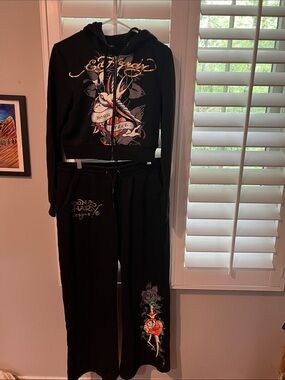 Ed Hardy Black Two-Piece Hoodie & Joggers with Colorful Tattoo Heart-NWOT.